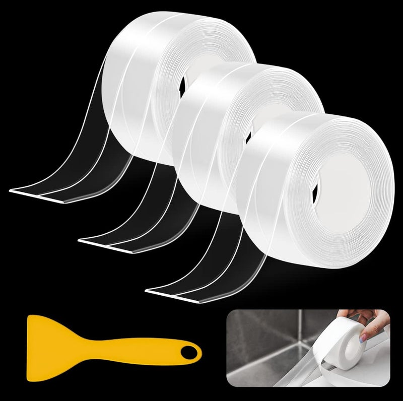 Fixmend Clear Caulk Tape, 3 Roll Transparent Caulk Strip Waterproof Self Adhesive, Caulking Sealant Tape for Kitchen, Countertop, Bathroom, Sink, Shower, Bathtub, Toilet Edge Protector(1.5" x 10.5Ft) - Image 1